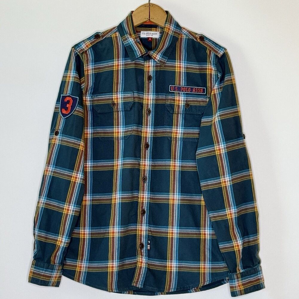 U.S. POLO ASSN. Button Shirt Youth Boy's M Teal Blue Orange Plaid Preppy Classic